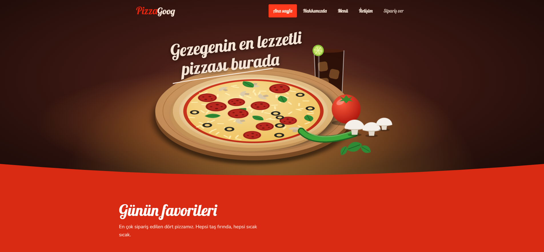 PizzaGoog örnek sitesinin animasyonlu pizzalı ana sayfa tasarımı